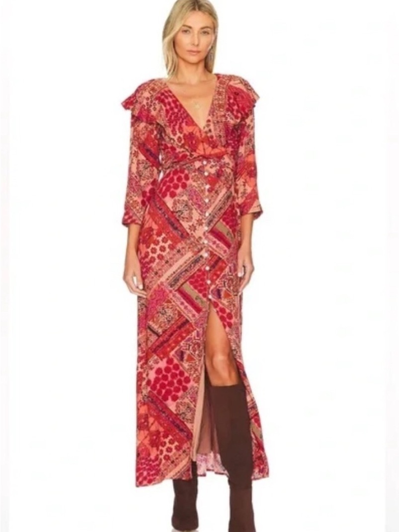 Nwt Free People Lennon Ruffle Trim Geometric Floral Button Up Boho Maxi Dress L